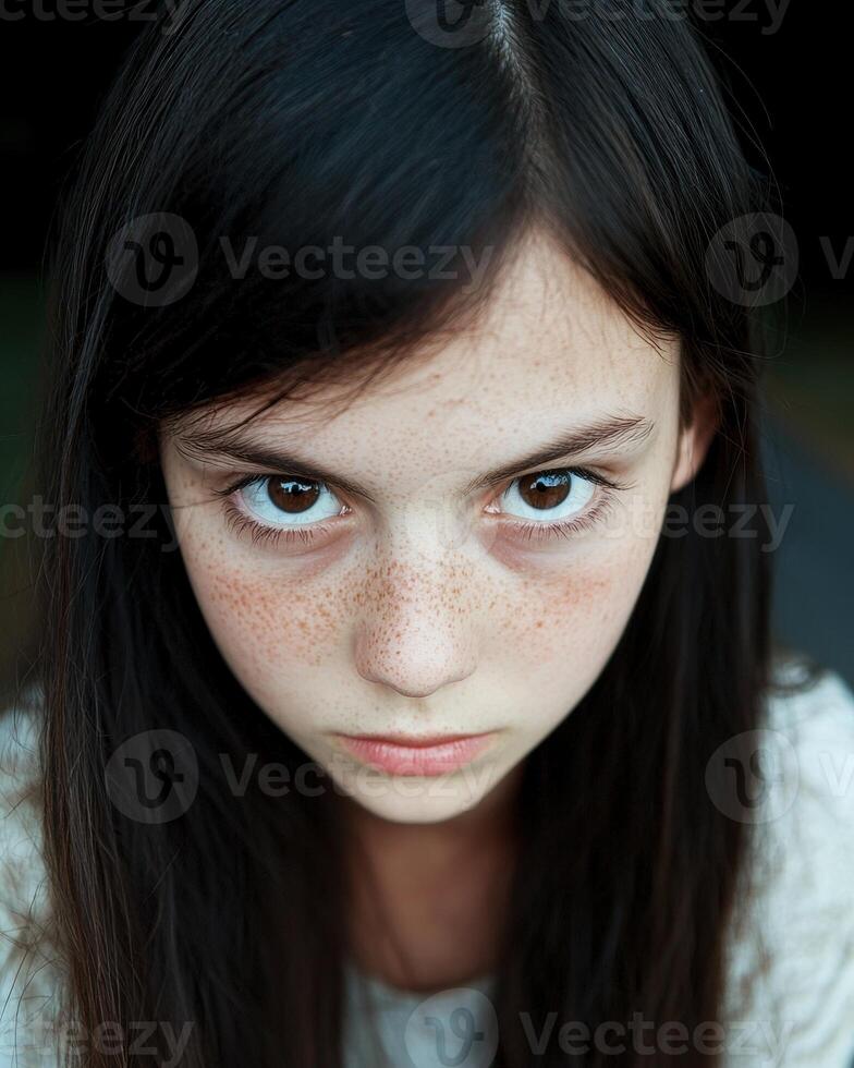 Close up portrait of a girl with freckles and intense gaze photo