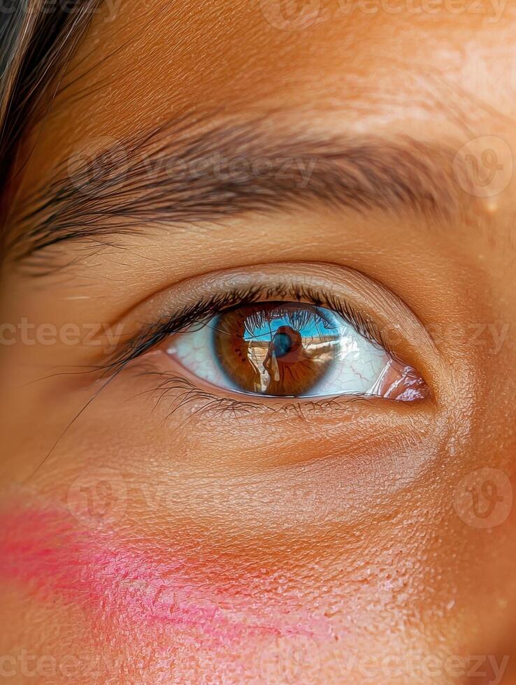 Close up of a childs eye with brown iris and pink blush on cheek photo