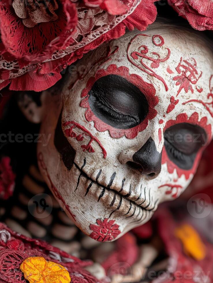 Close up of a woman with sugar skull makeup for Dia de Muertos. photo