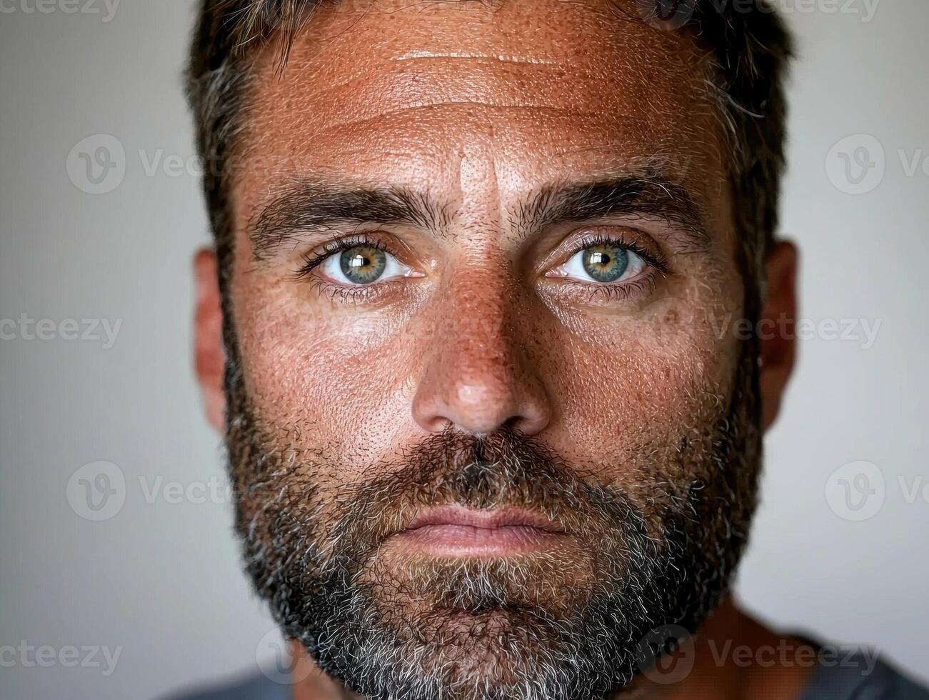 Close up portrait of a man with a beard and intense gaze photo