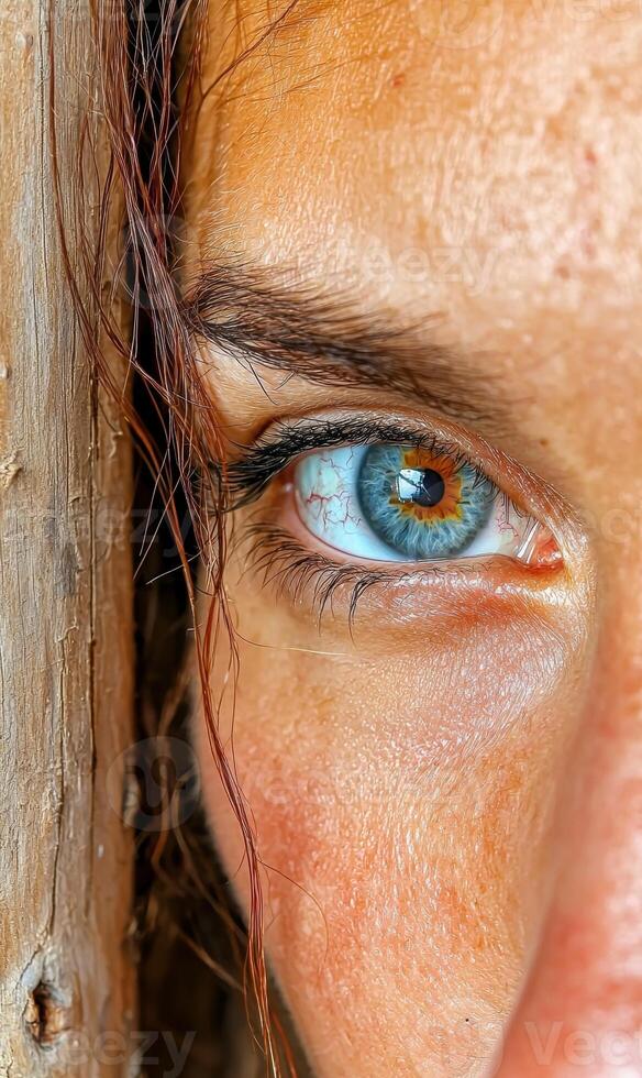Close up of a womans eye with striking blue and gold iris photo