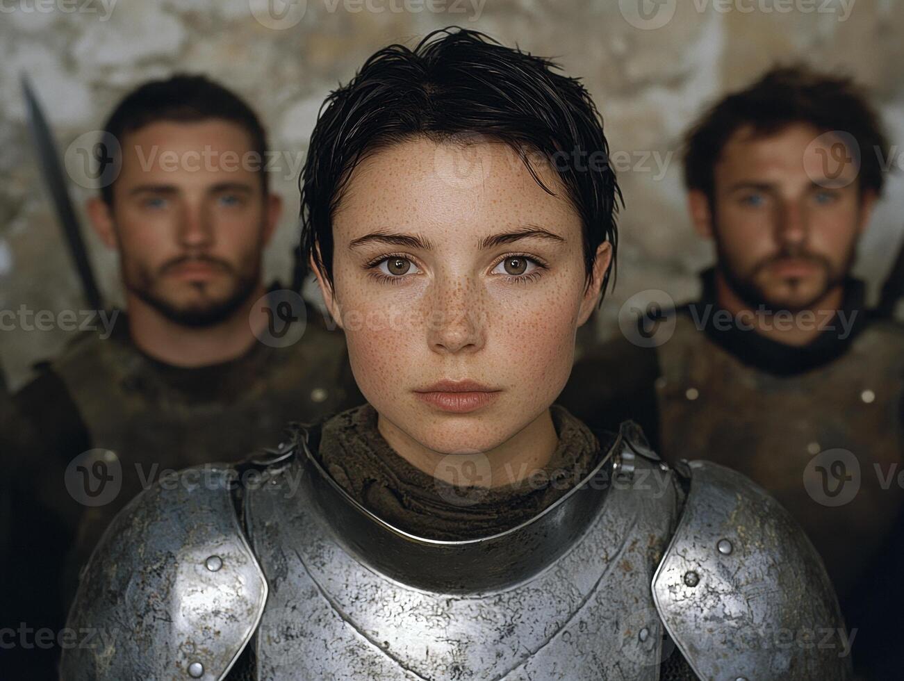 Female warrior in medieval armor stands defiantly between two soldiers photo