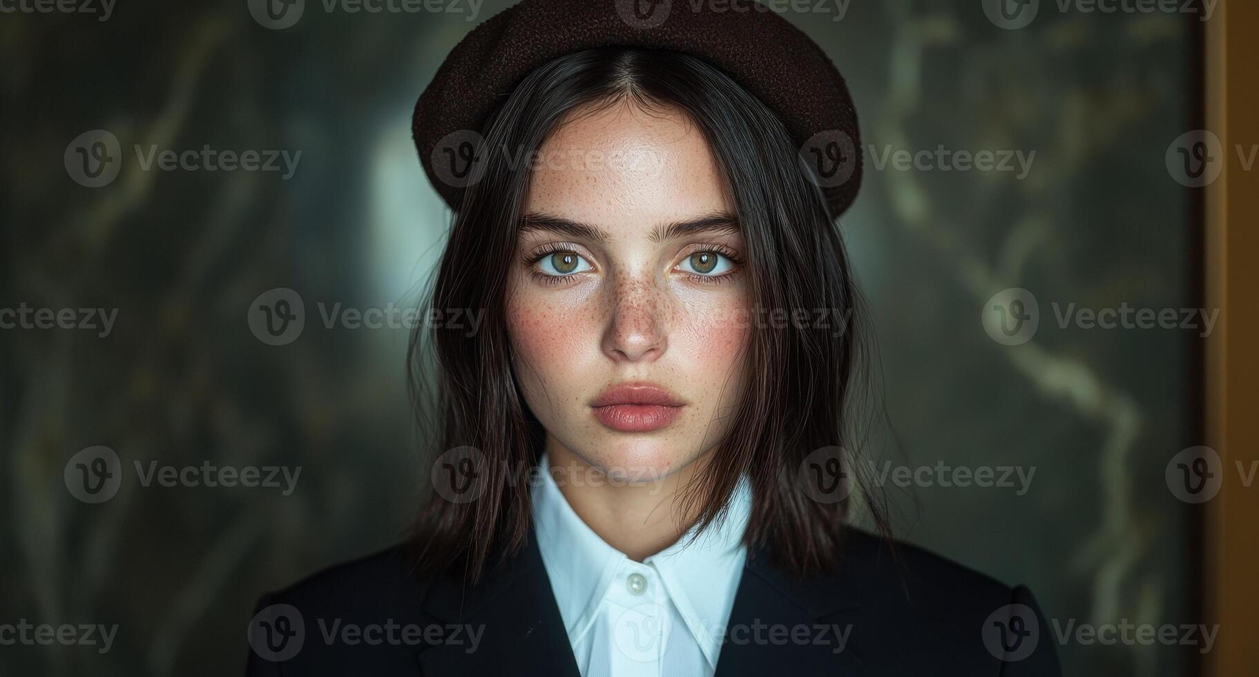 Portrait of a young woman with freckles wearing a beret and suit. photo