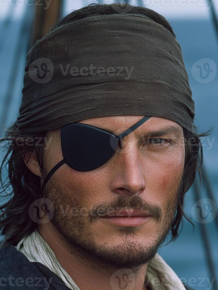 Pirate with an eye patch looking intensely at the camera photo