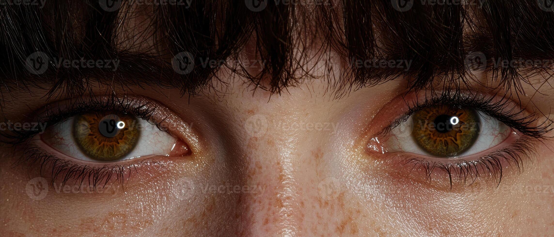 Close up of a persons eyes with freckles and dark eyebrows photo