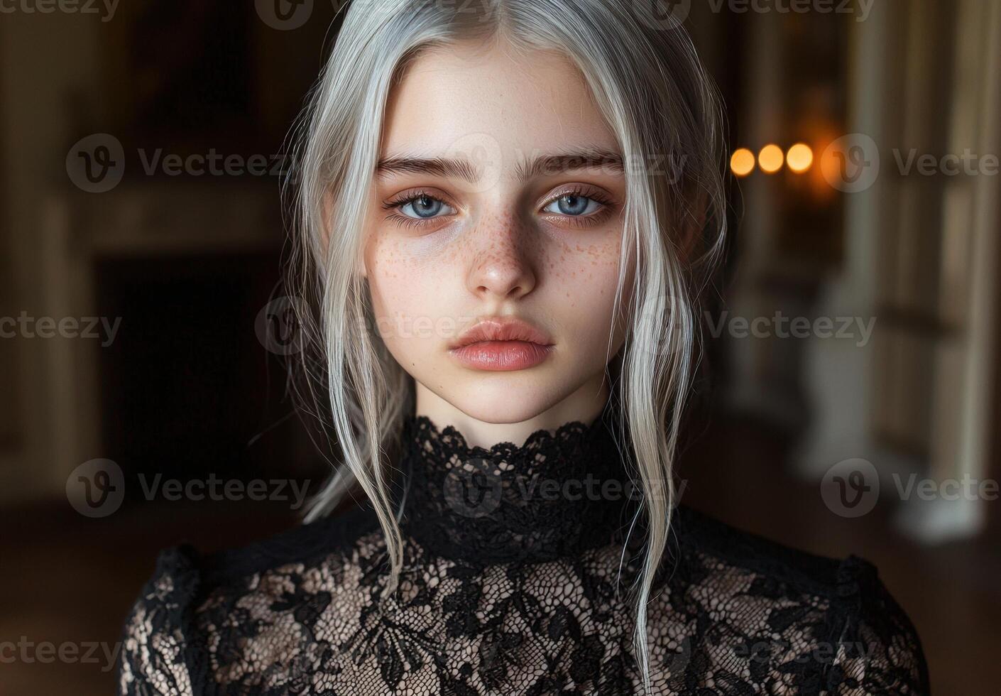 Portrait of a young woman with freckles and light gray hair photo