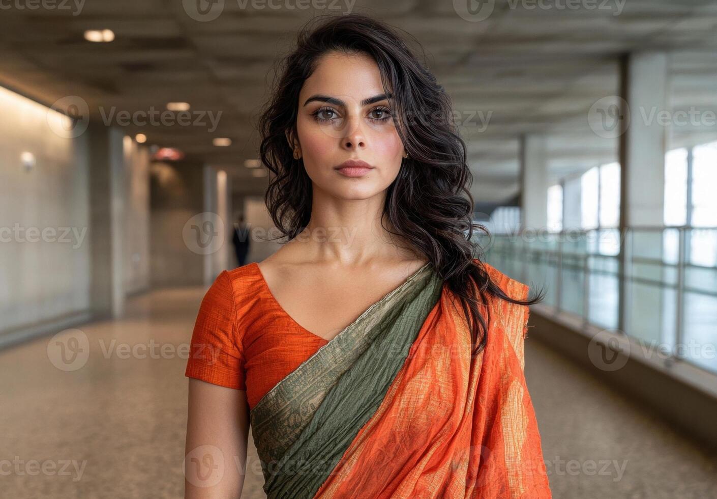 Confident woman in traditional orange and green sari photo