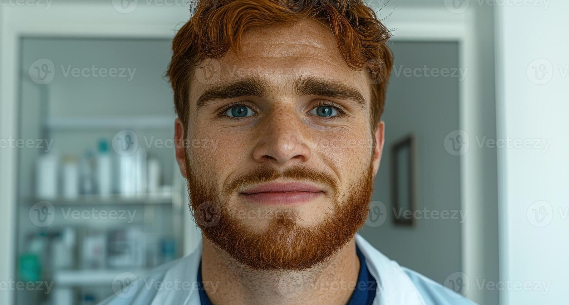 Close up portrait of a smiling redhead male doctor photo