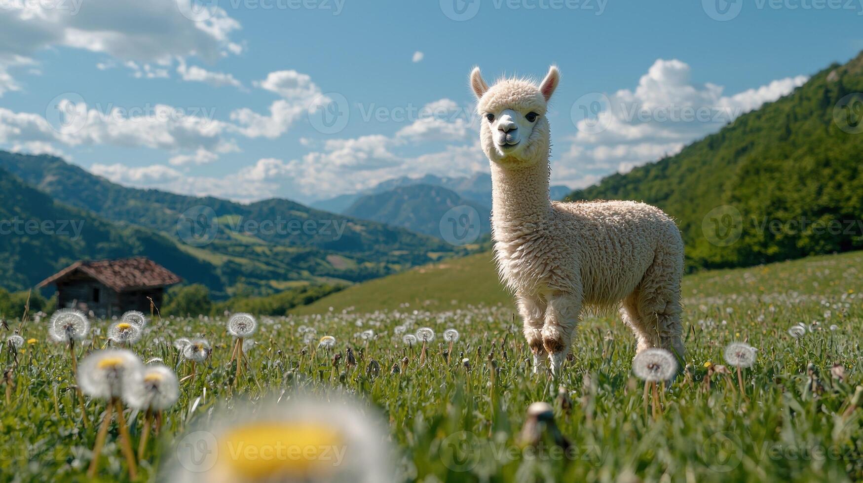Cute white alpaca in a dandelion field photo