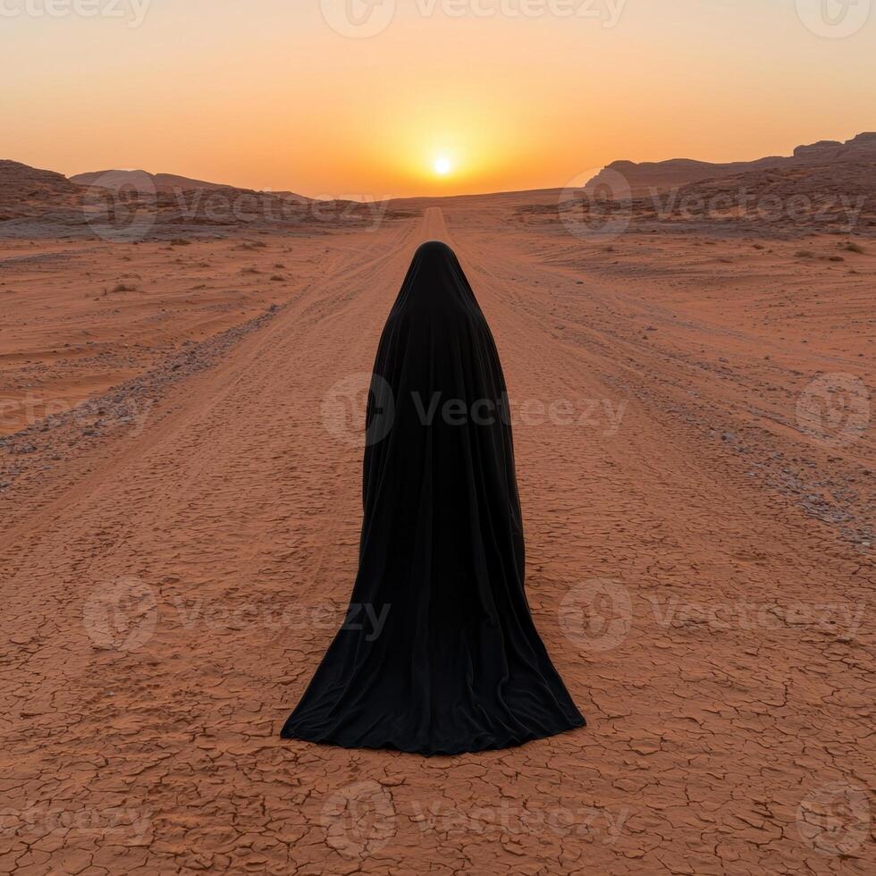 Person in black robe walking into the sunset in the desert photo