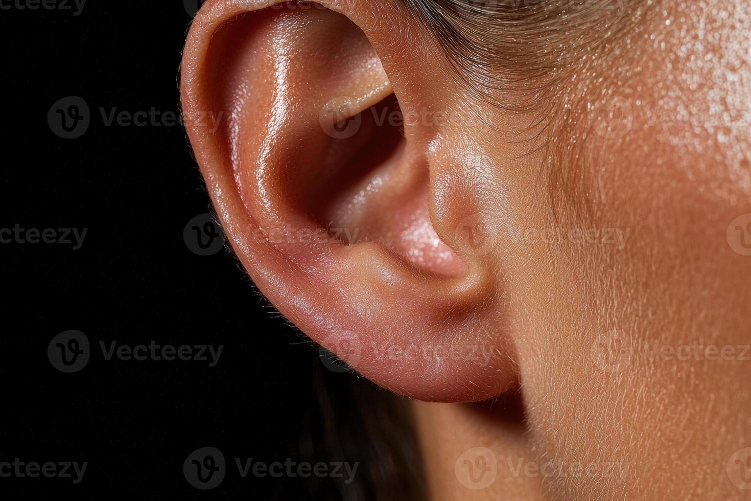 Close up of a persons ear, showing intricate details of skin texture photo
