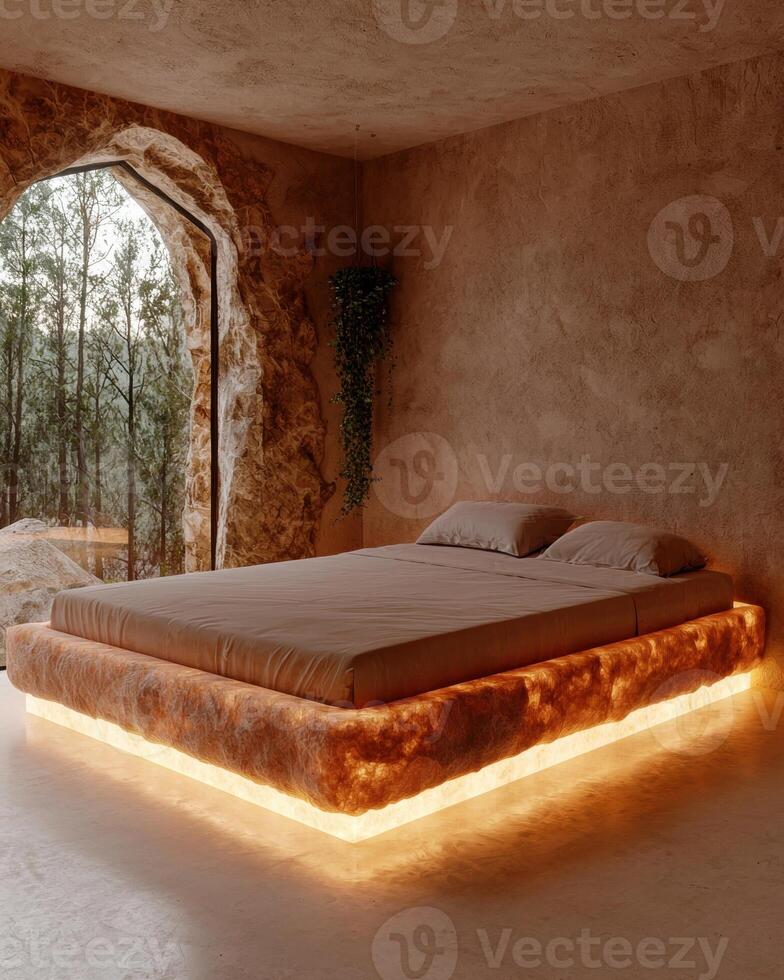 Modern bedroom with illuminated stone bed and forest view photo