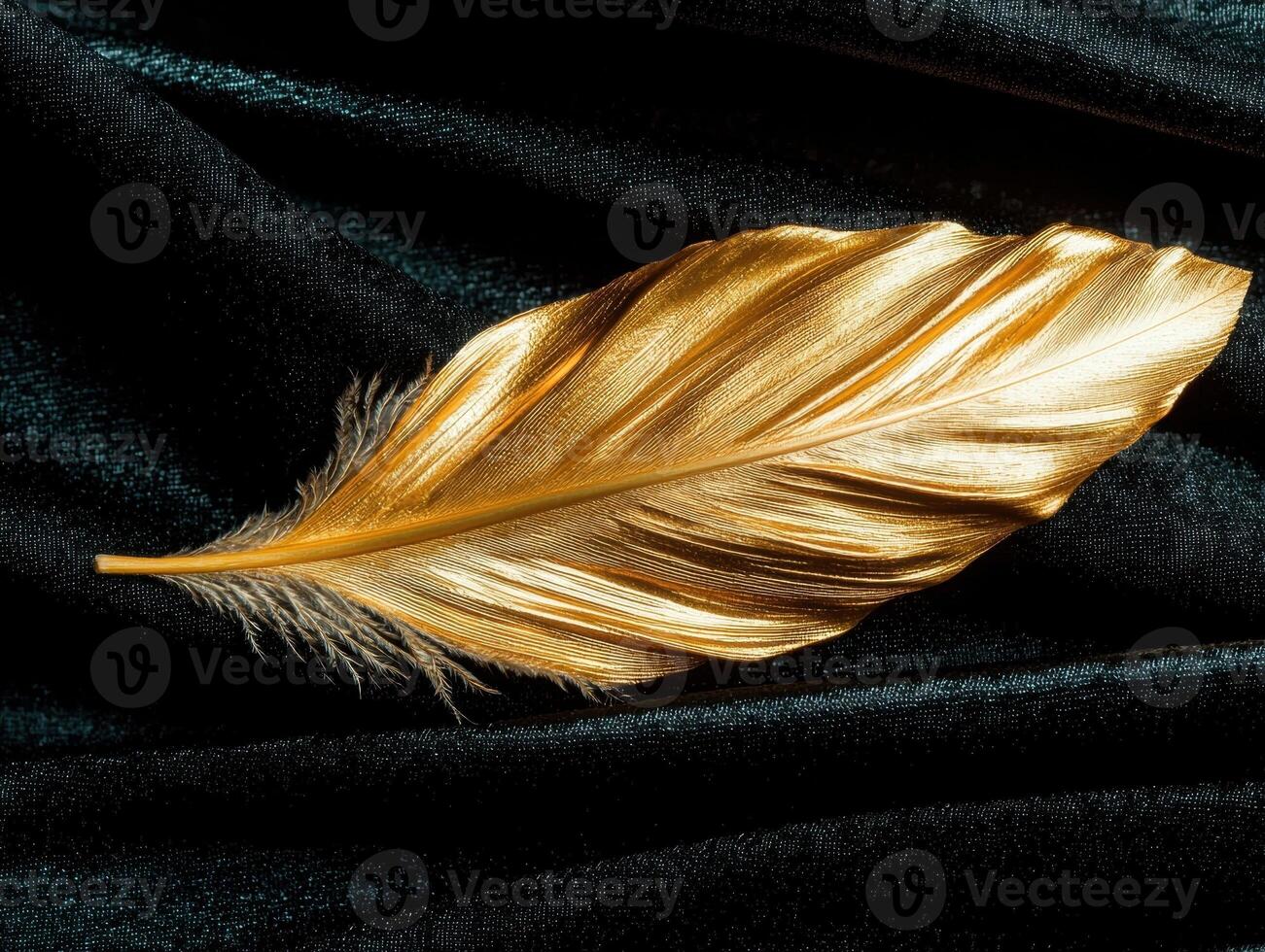 Golden feather on dark fabric photo