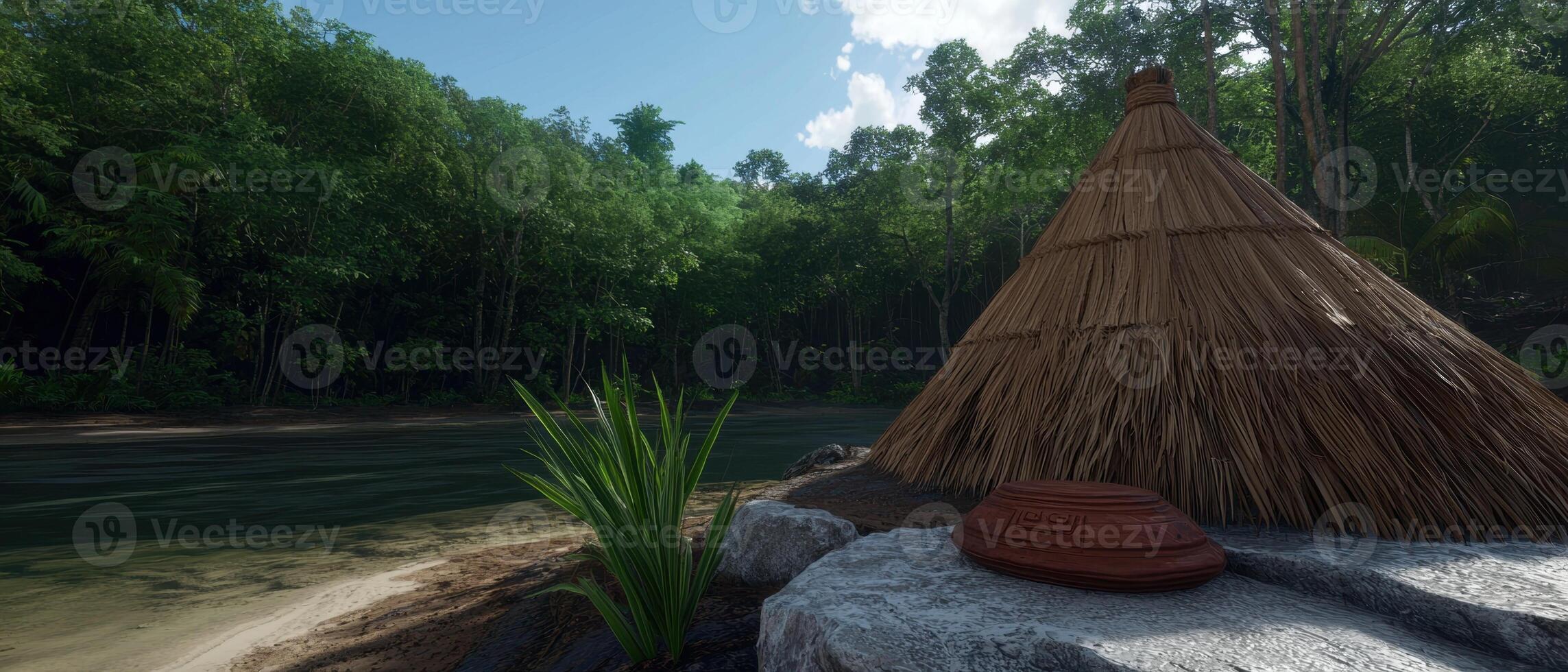 Thatched hut beside a jungle river photo