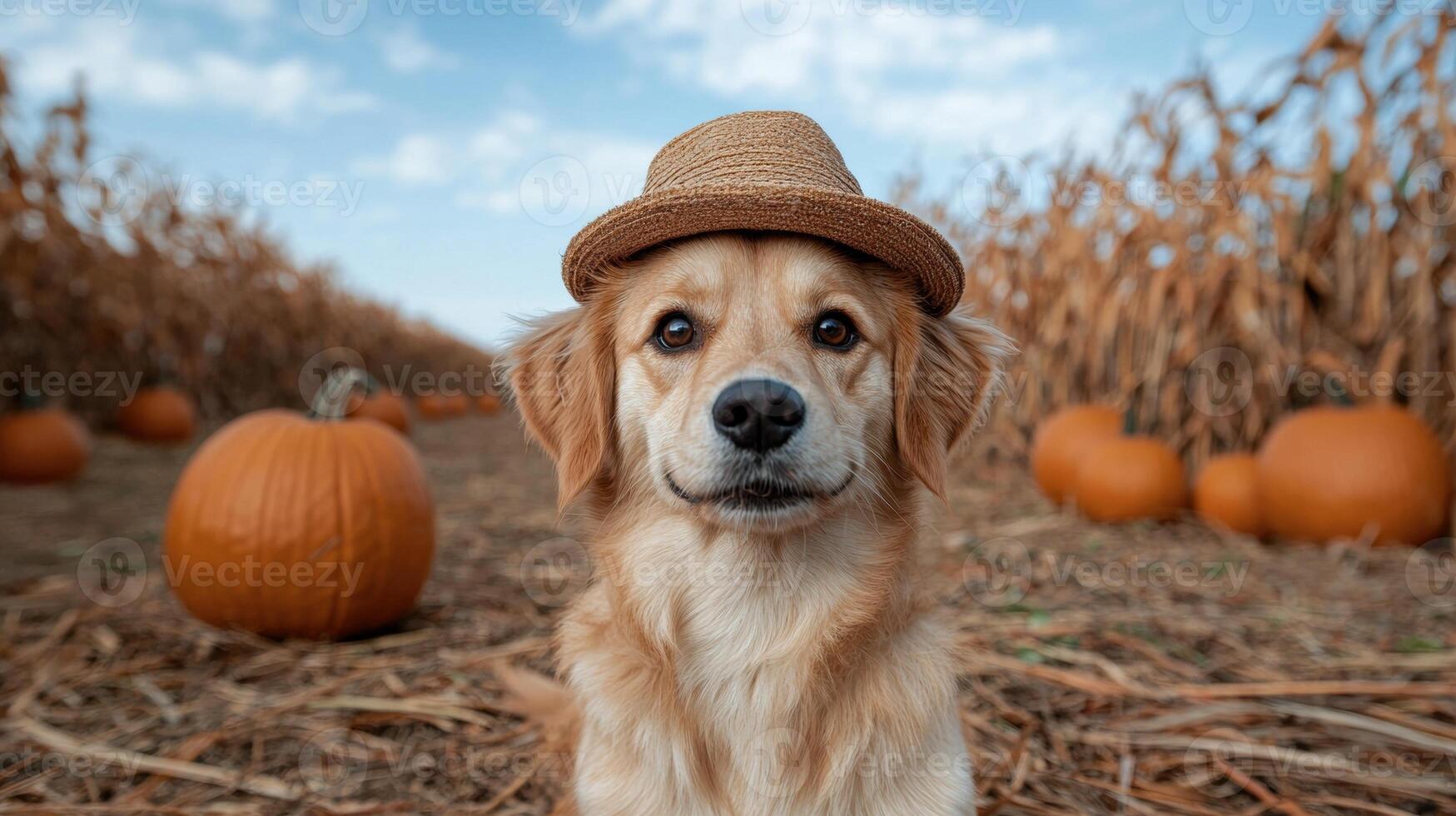Adorable golden retriever puppy wearing a straw hat in a pumpkin patch photo