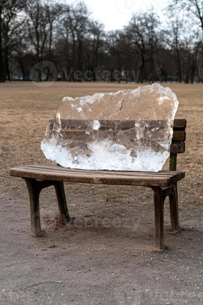 Large block of ice on a park bench photo