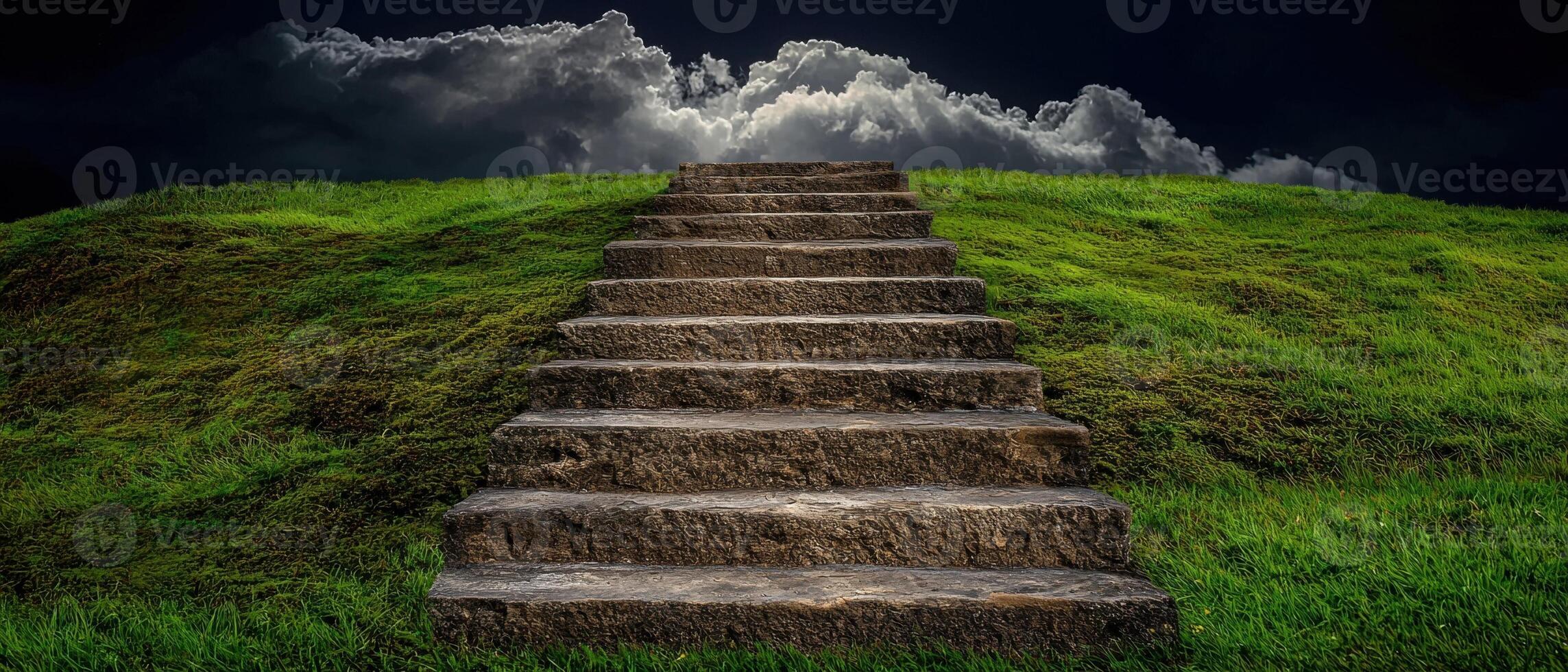 Stone steps leading up a grassy hill under a dramatic sky photo