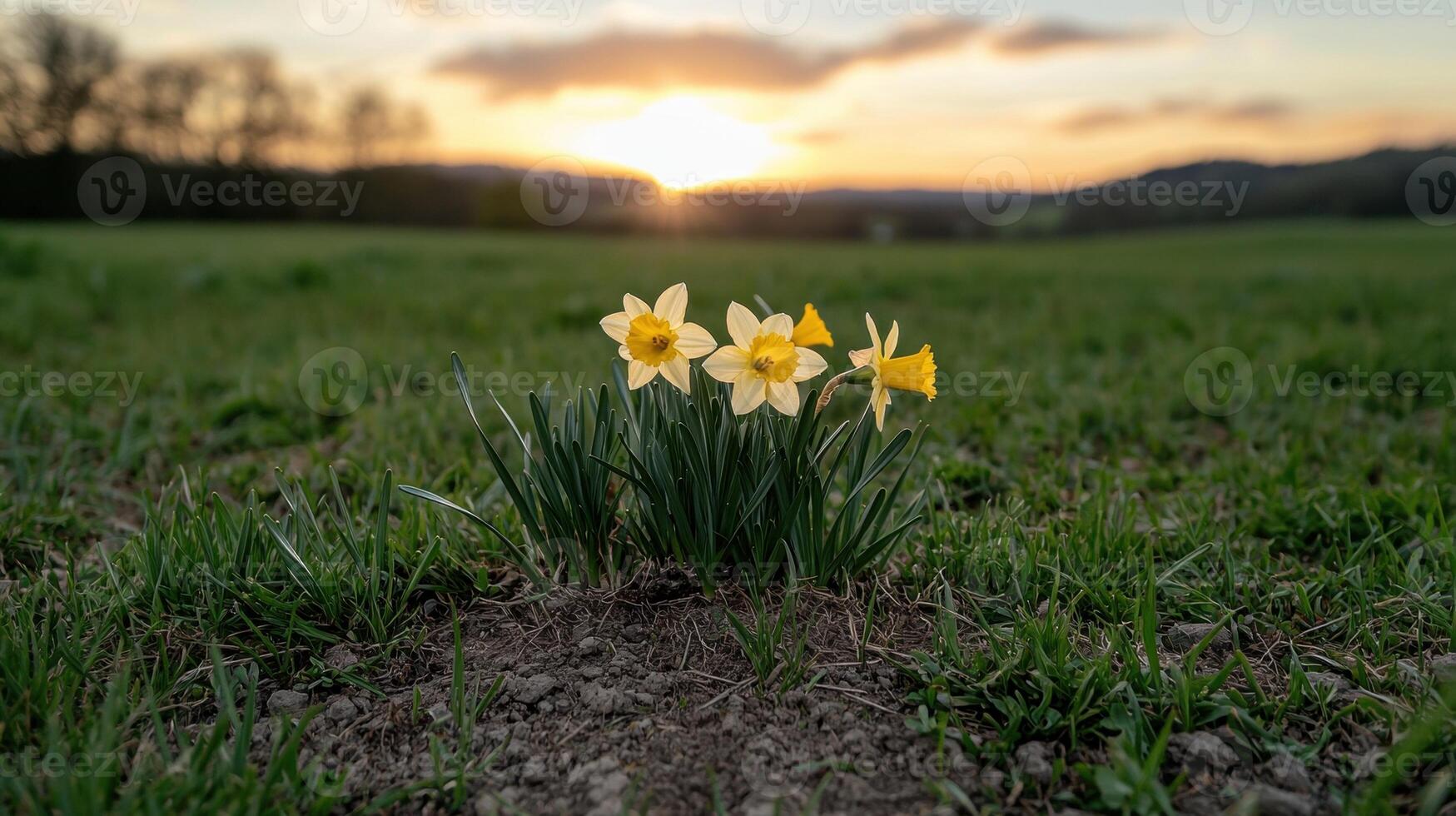 Three daffodils in a field at sunset photo