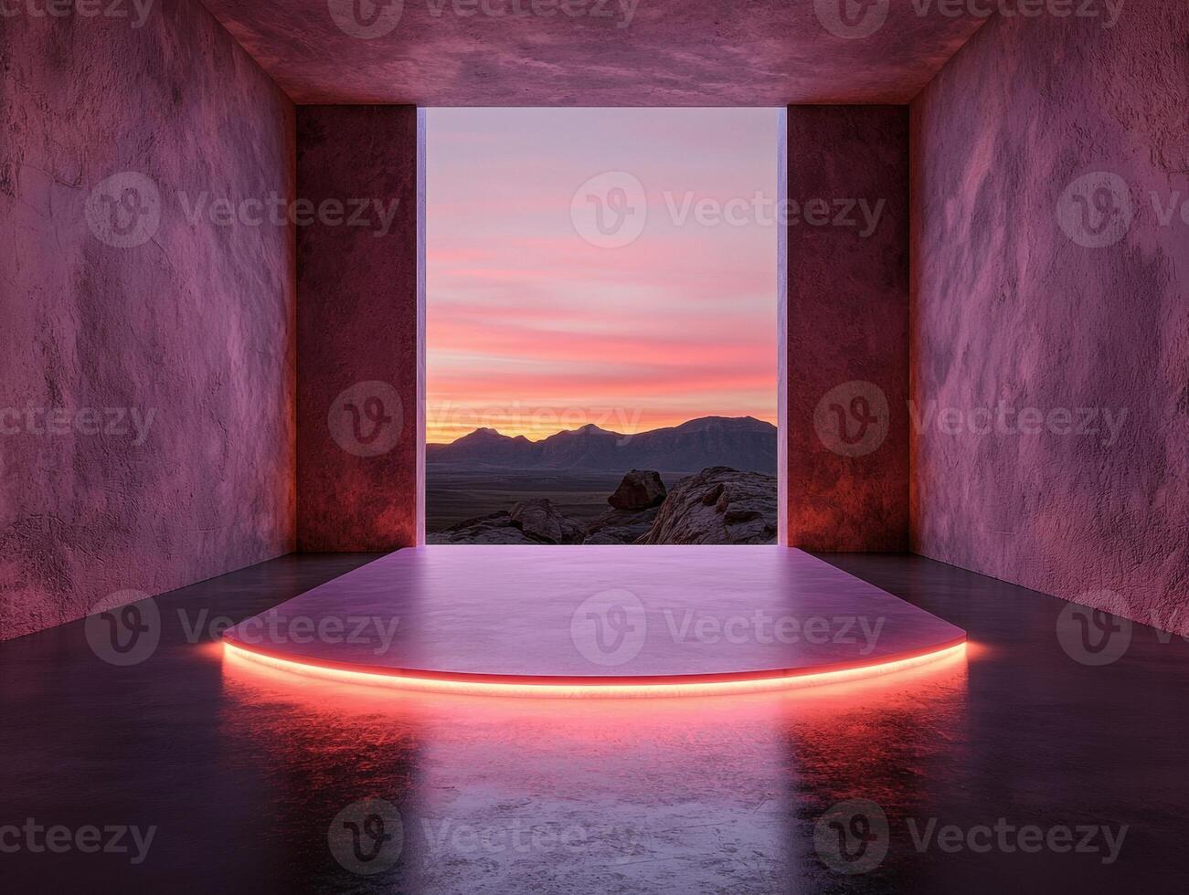 Pink neon light illuminates a circular platform in a minimalist room with a sunset view photo