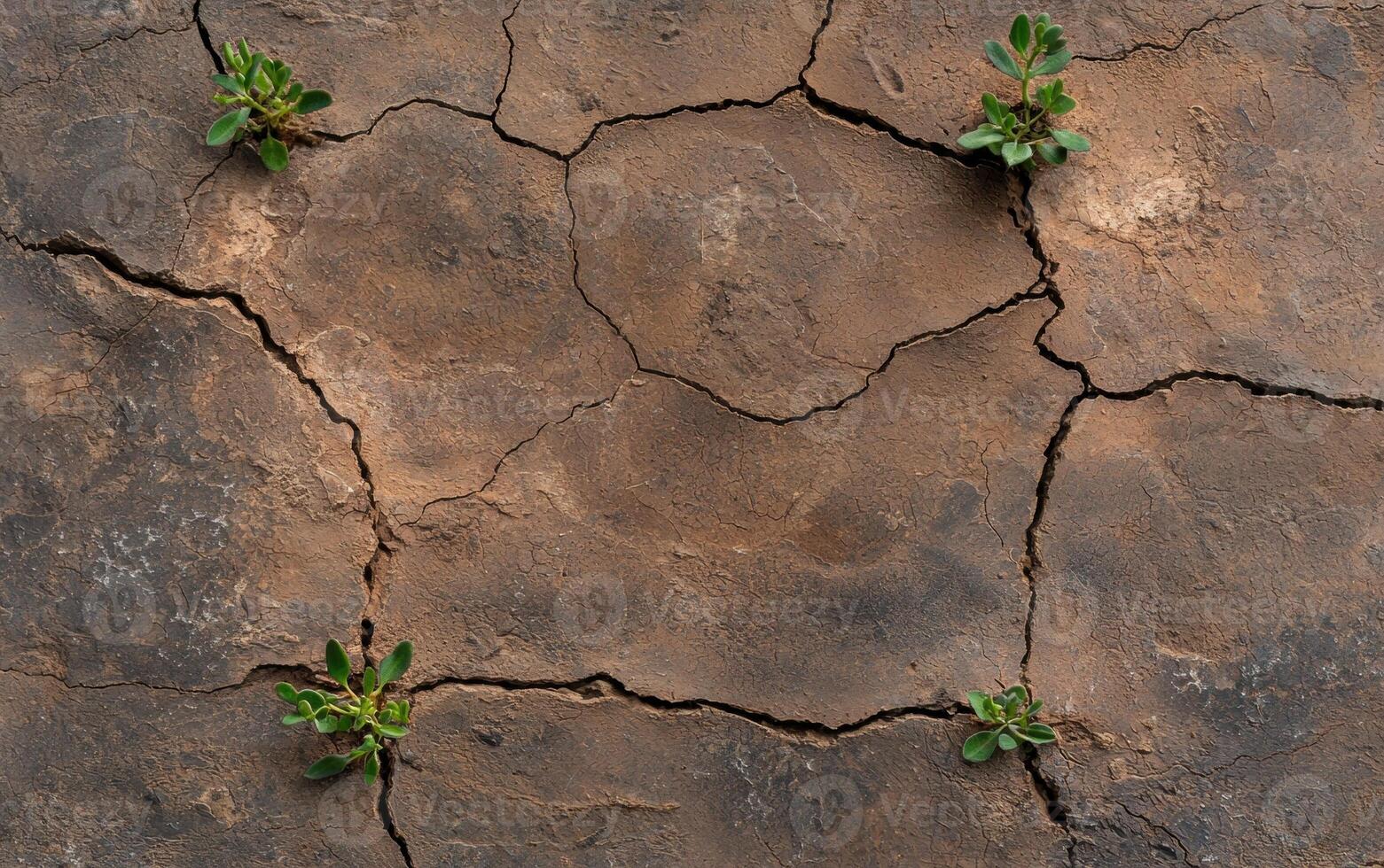 Resilient plants growing in cracked earth. photo