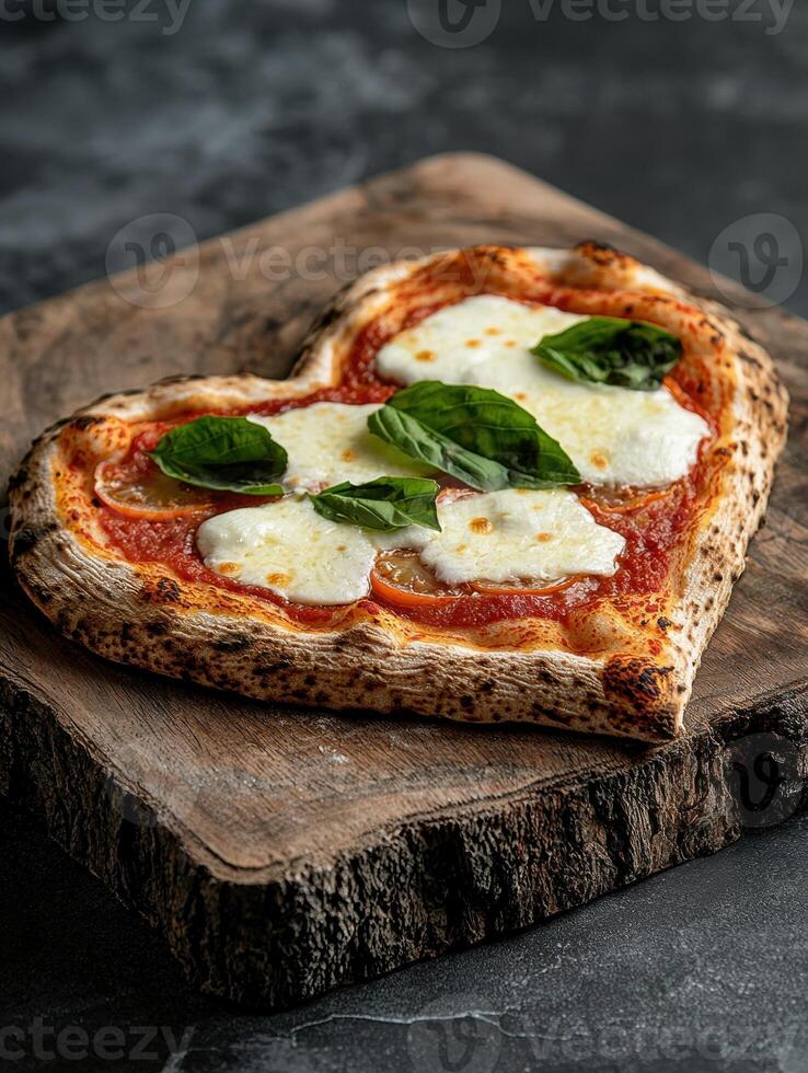Heart shaped pizza with mozzarella and basil. photo