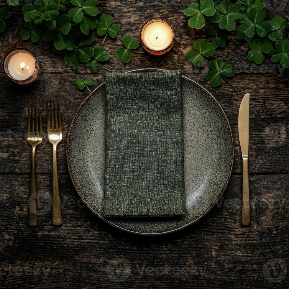 Elegant St Patricks Day table setting with gold cutlery and shamrocks photo