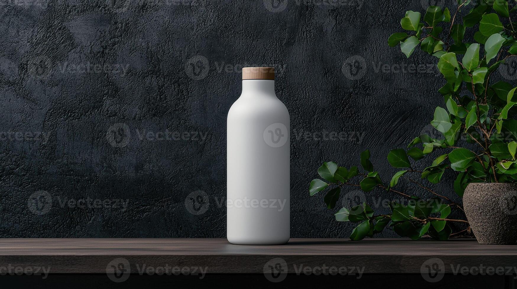White bottle with wooden cap on dark wooden table photo