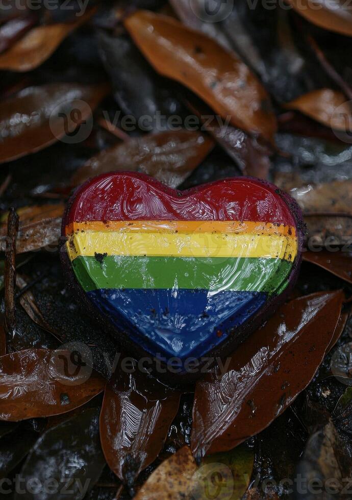 Rainbow heart on wet leaves photo