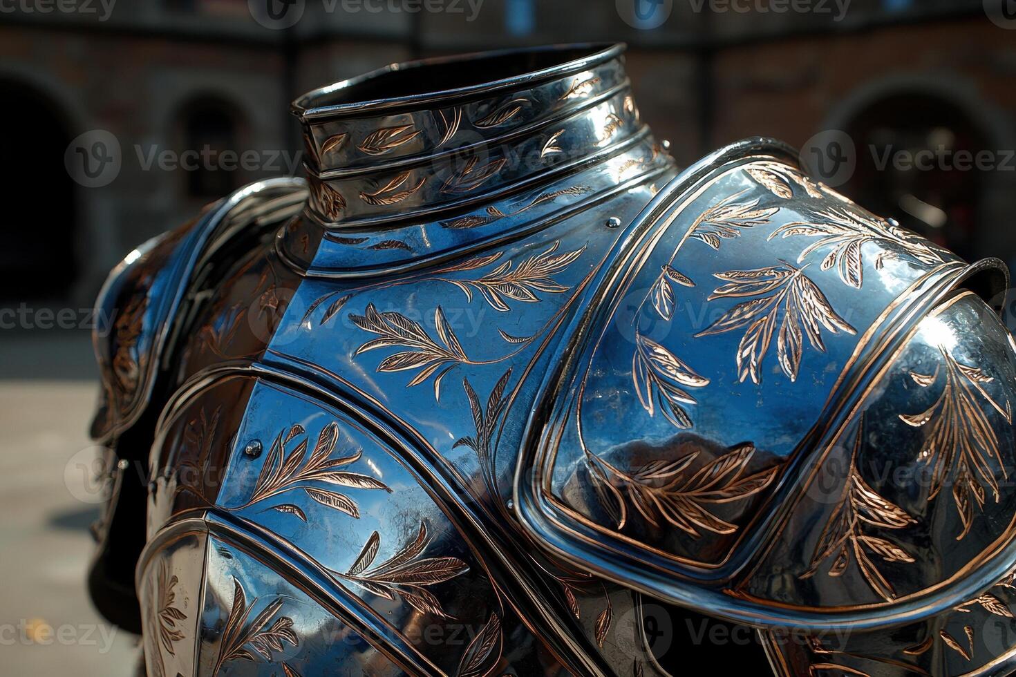 Ornate medieval suit of armor with etched leaf details photo