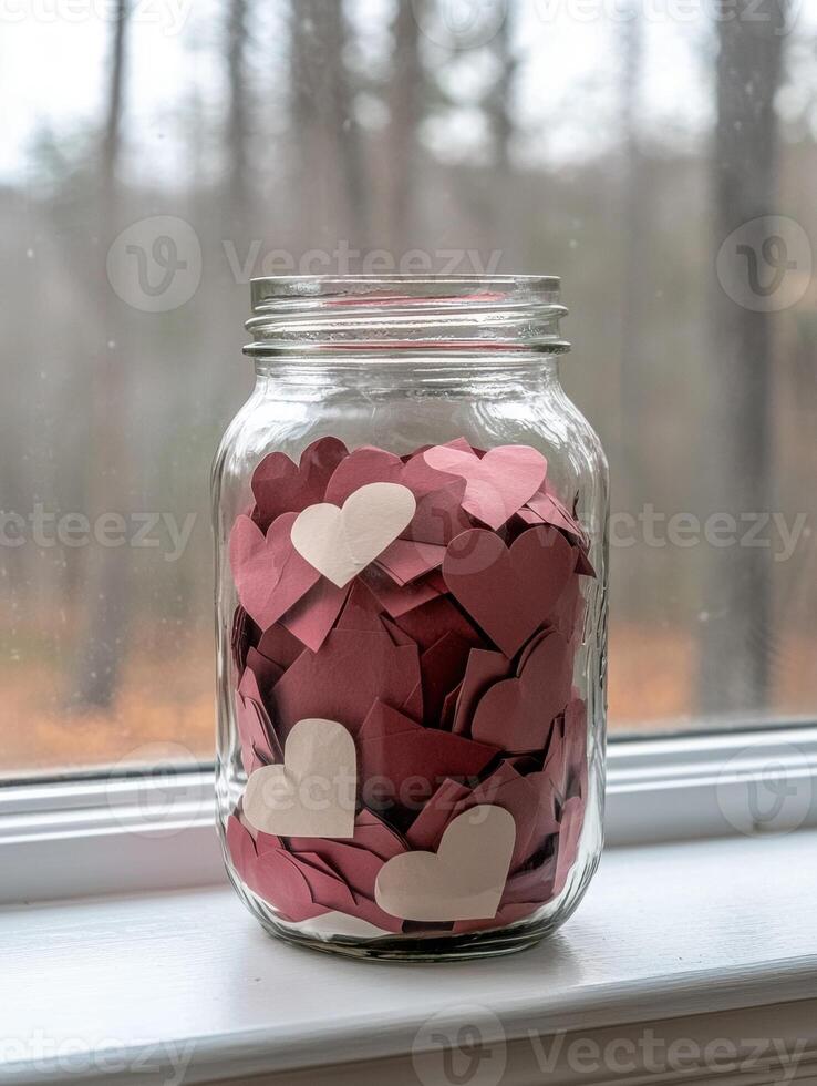 Mason jar filled with paper hearts on windowsill. photo