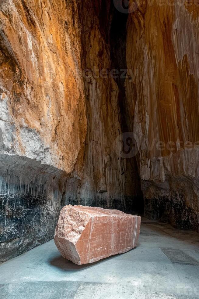 Large rough hewn stone block in a cavernous setting photo