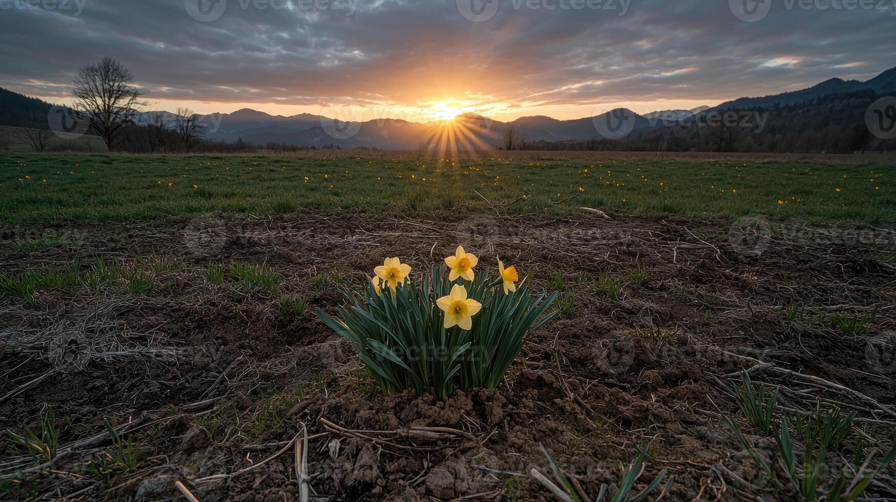 Sunset over mountains with daffodils in foreground photo
