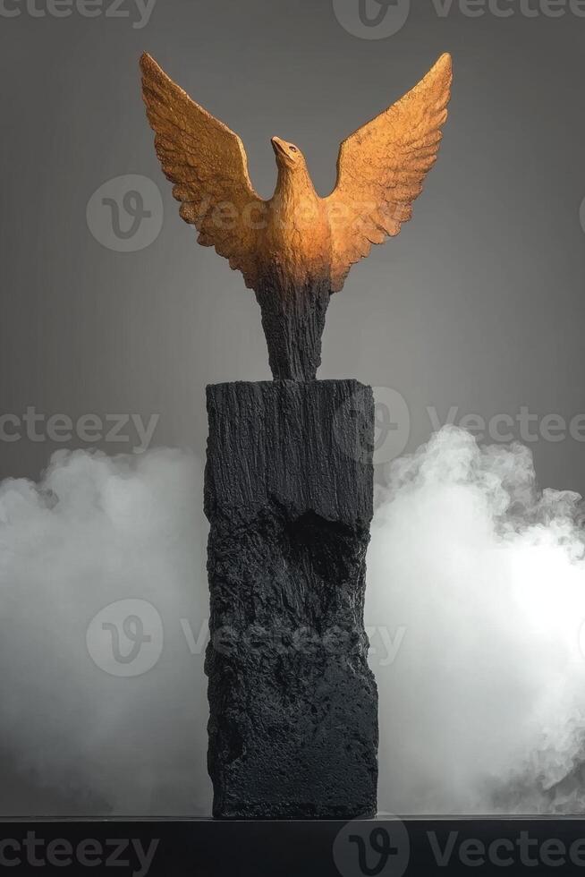 Golden phoenix sculpture on a dark stone base photo