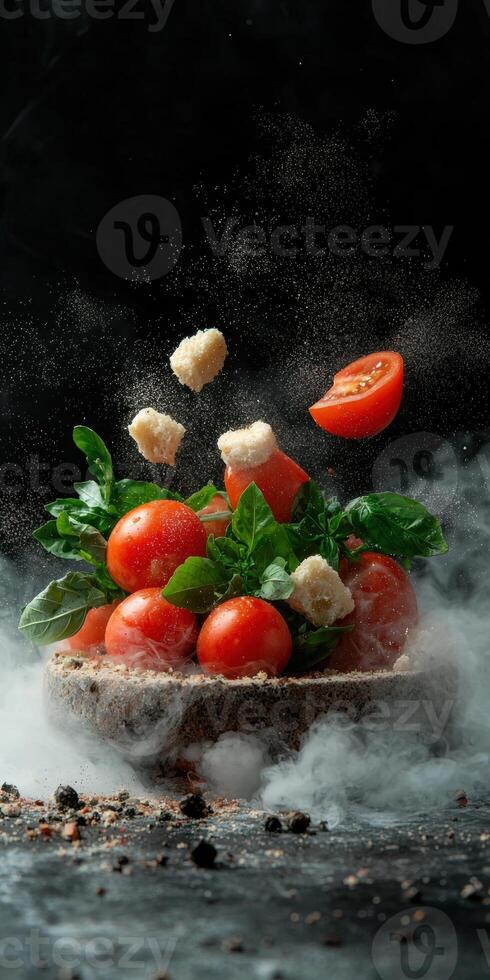 Delicious bruschetta with fresh tomatoes and basil. photo