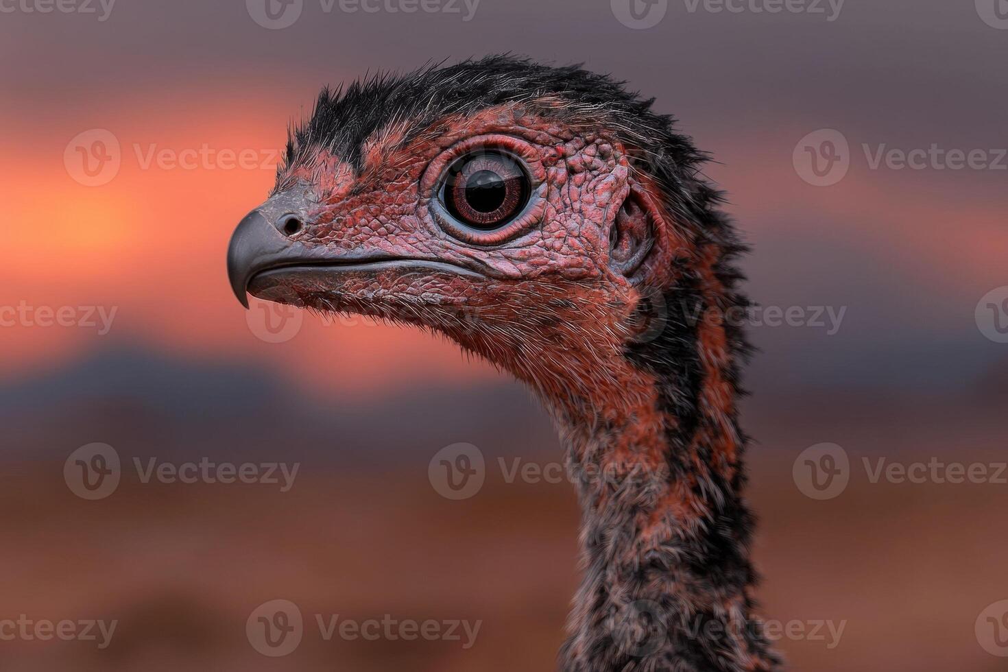 Close up profile of a bird with reddish brown plumage and dark eyes photo