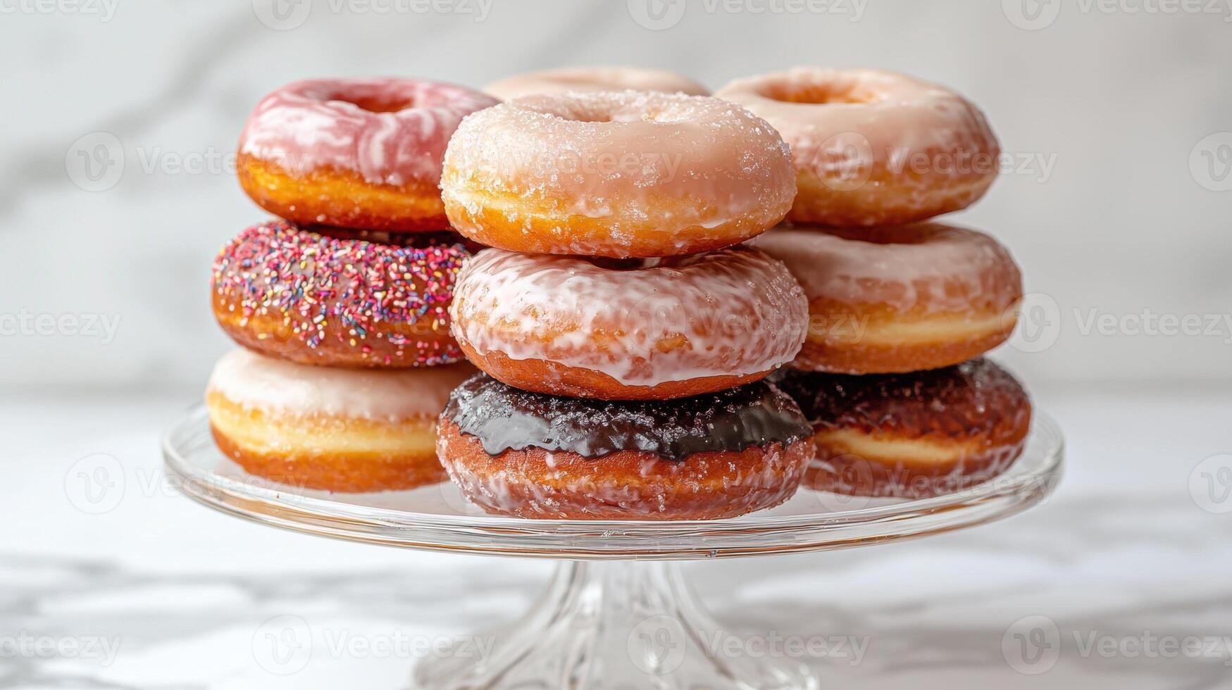 A stack of assorted donuts on a glass cake stand photo