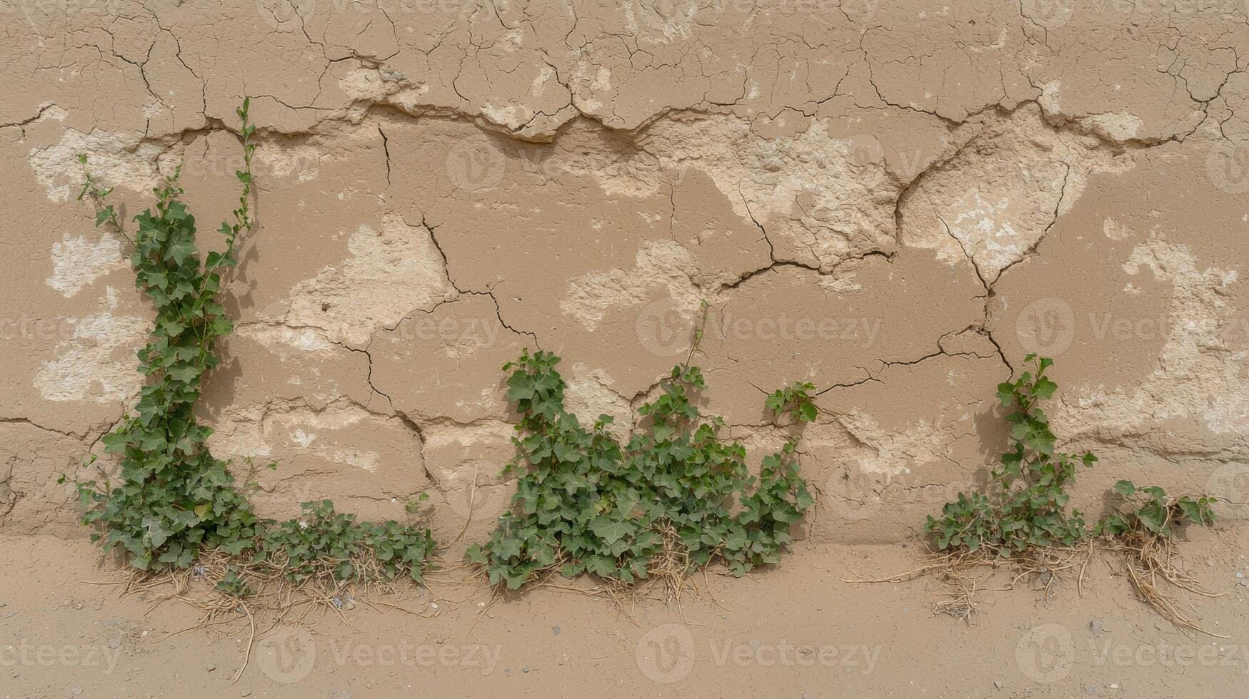 Weathered wall with cracks and small plants growing in them photo