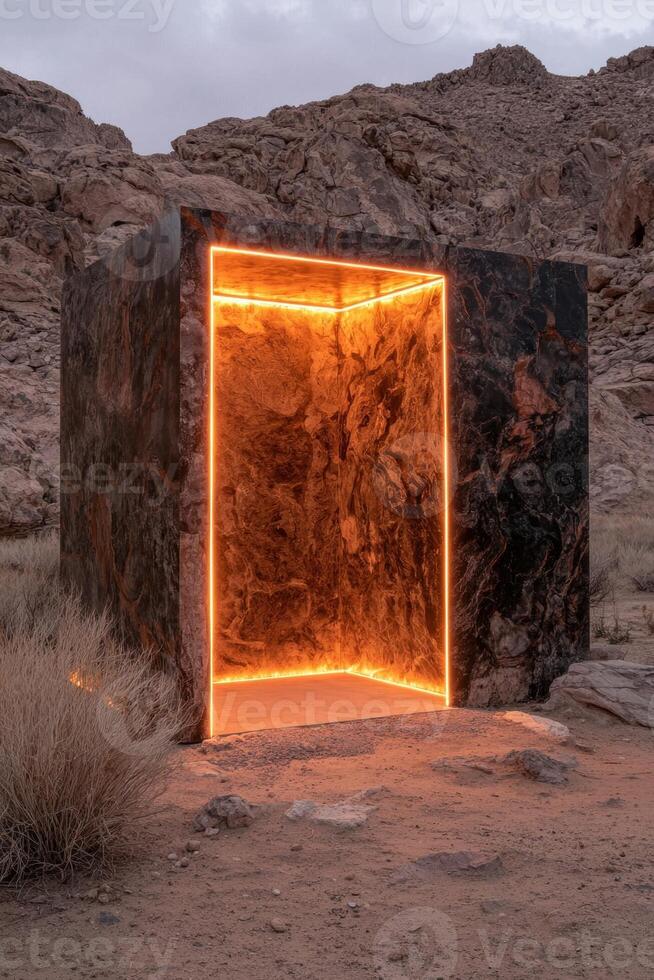 Illuminated stone structure in desert landscape photo