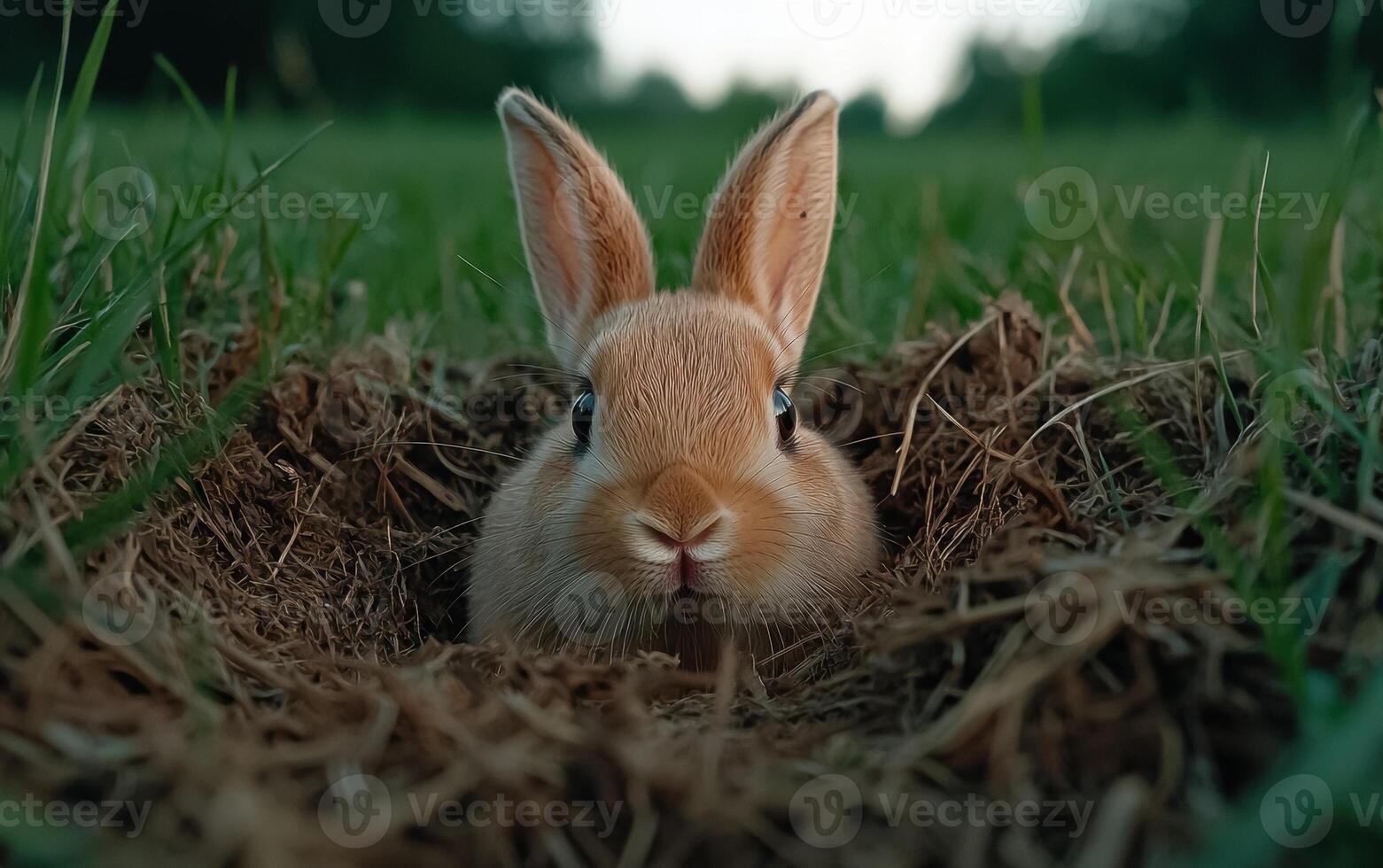 Adorable baby bunny hiding in its burrow photo