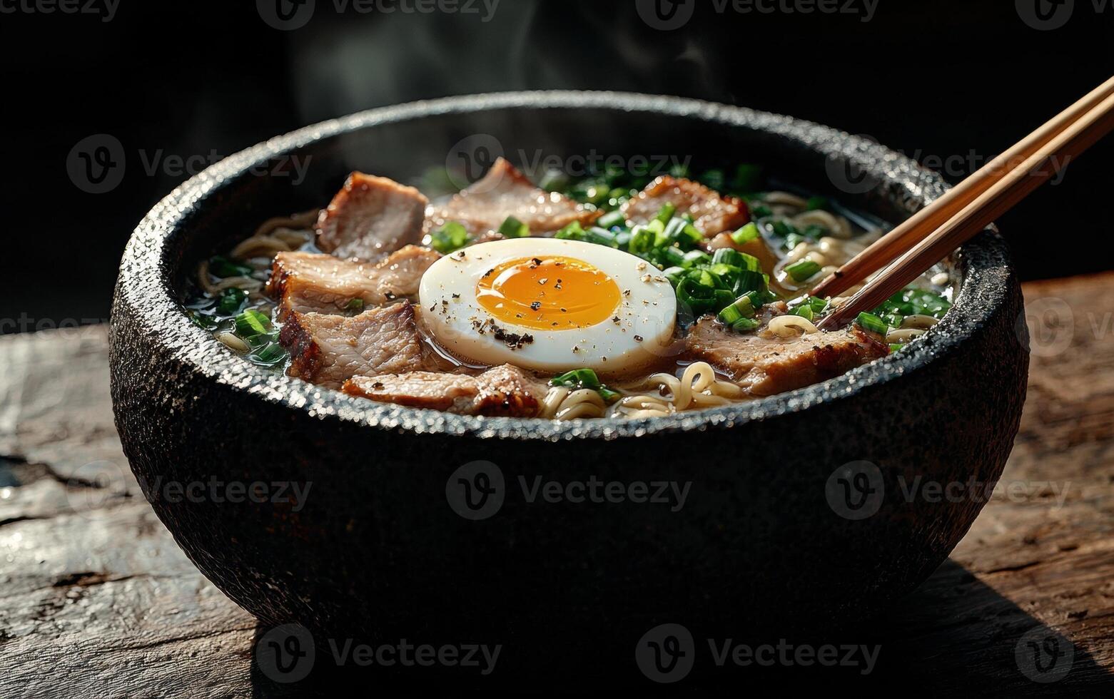 Delicious ramen noodles with pork and soft boiled egg photo