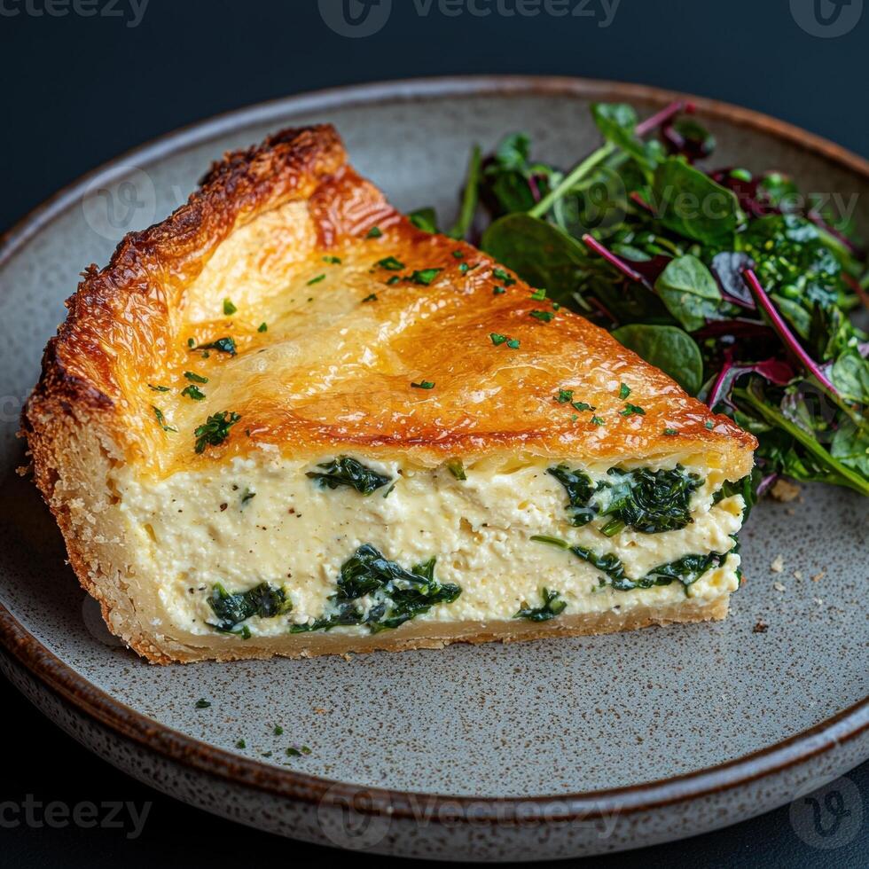 Delicious slice of spinach and ricotta quiche with fresh salad photo