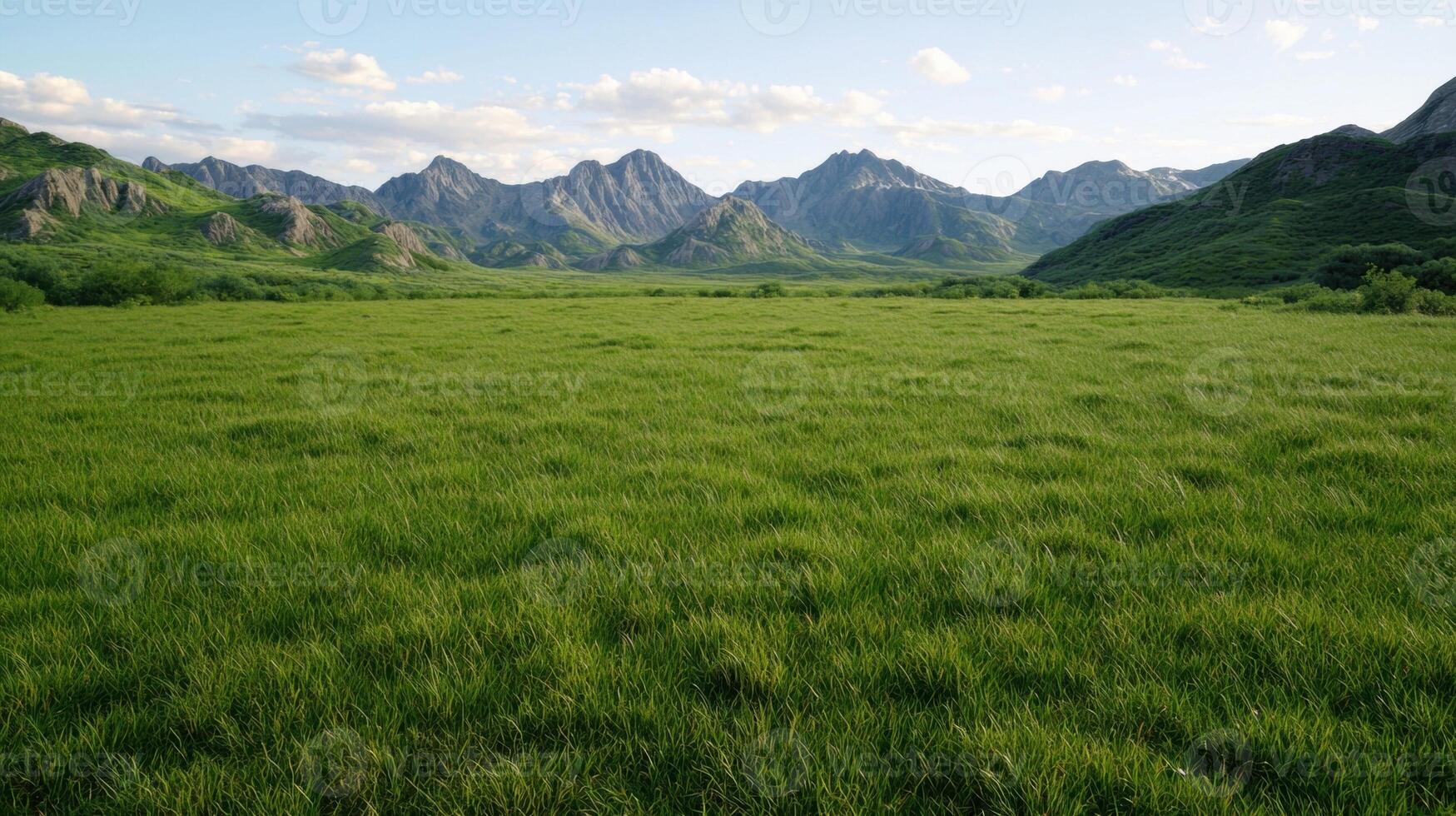 Vast grassy plain with mountain range in background photo
