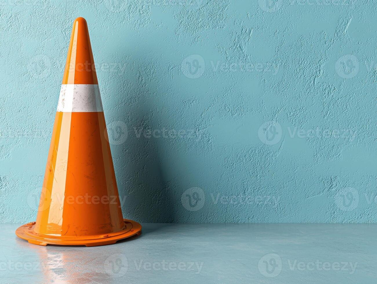 Orange traffic cone against a blue wall photo