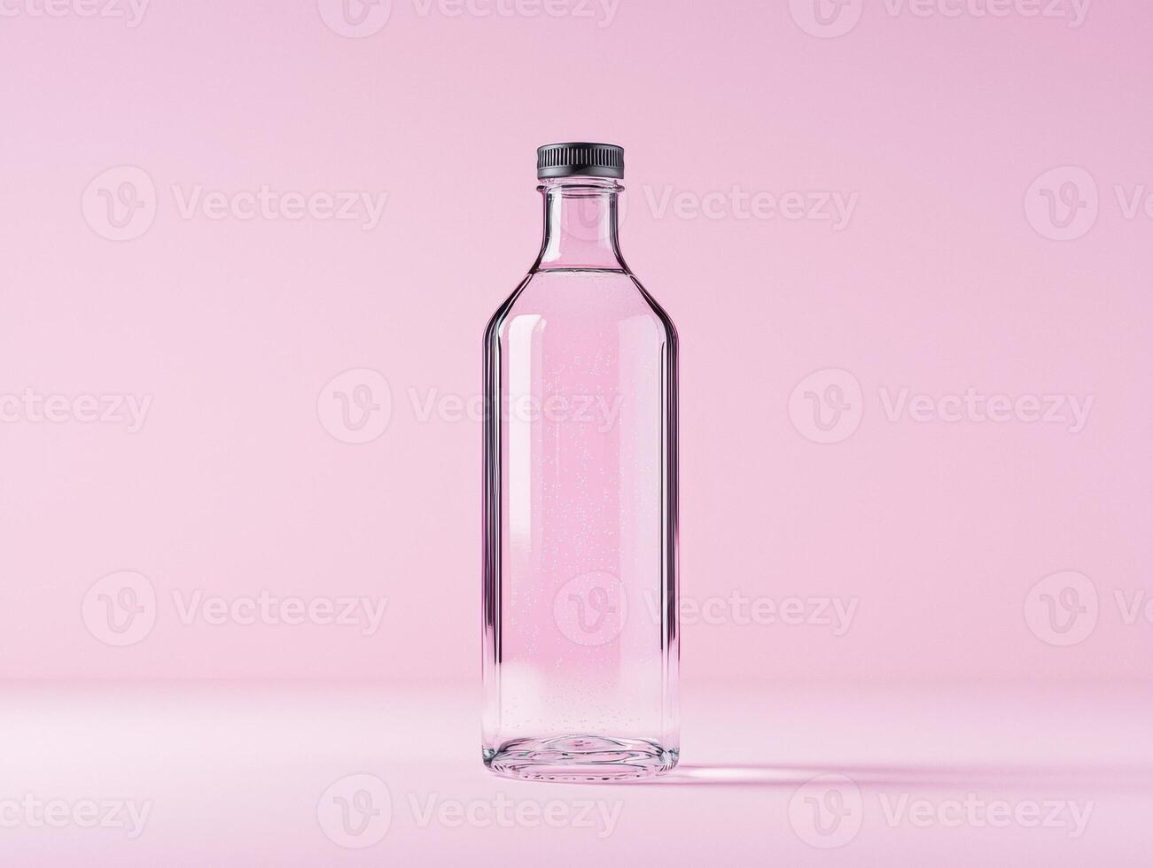 Glass bottle of water on pink background photo