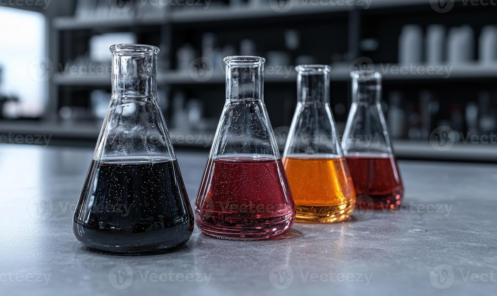 Colorful liquids in glass flasks on a lab counter photo
