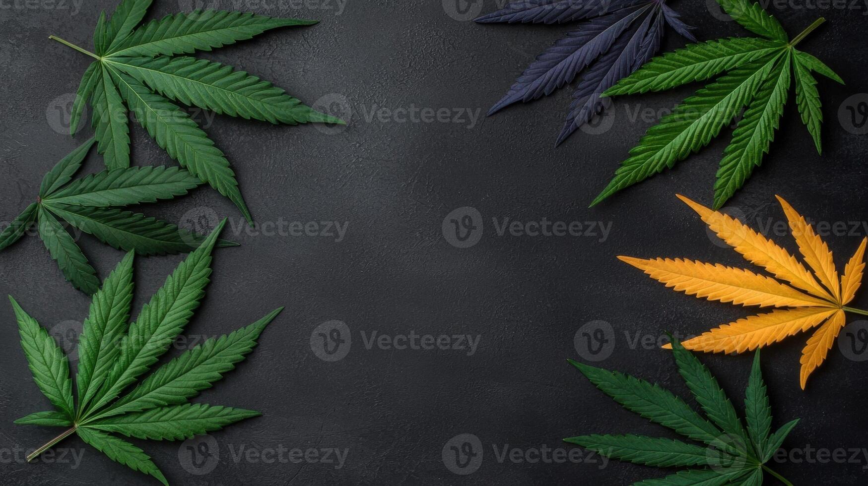 Cannabis leaves of different colors arranged on a dark background photo