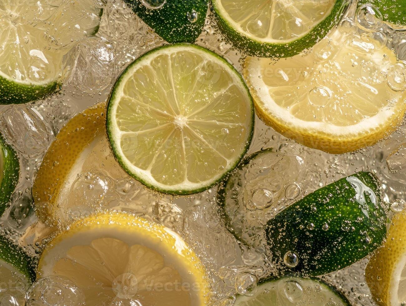 Close up of sliced lemons and limes in sparkling water with ice photo
