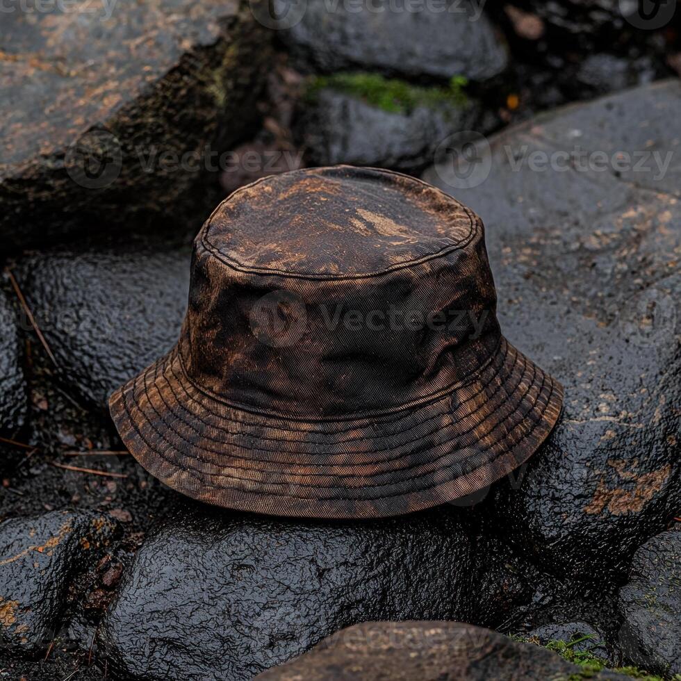 Brown bucket hat on dark rocks photo