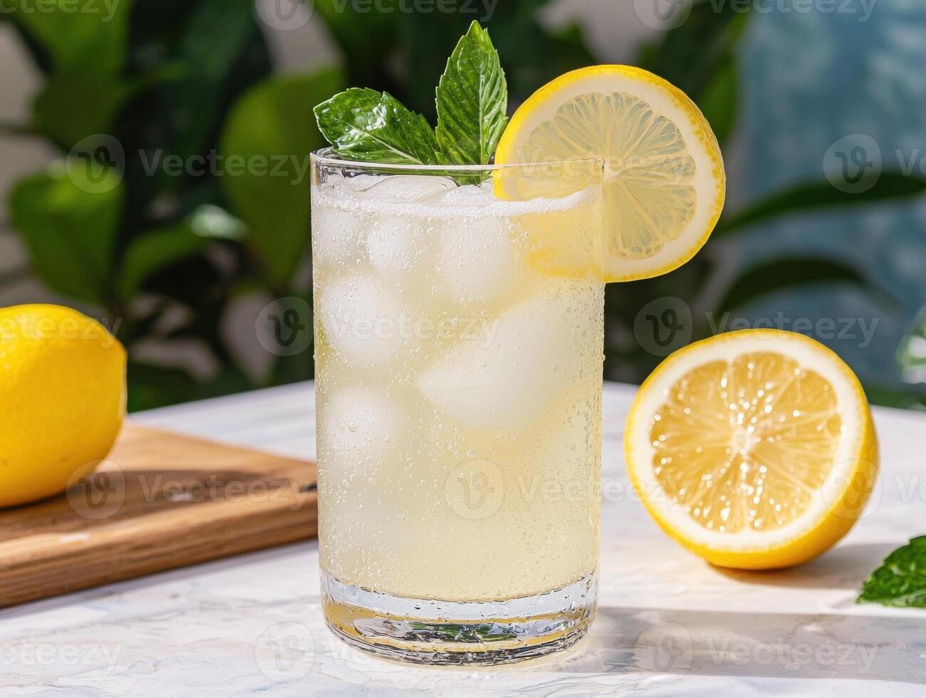 Refreshing summer lemonade drink with ice and lemon slices photo