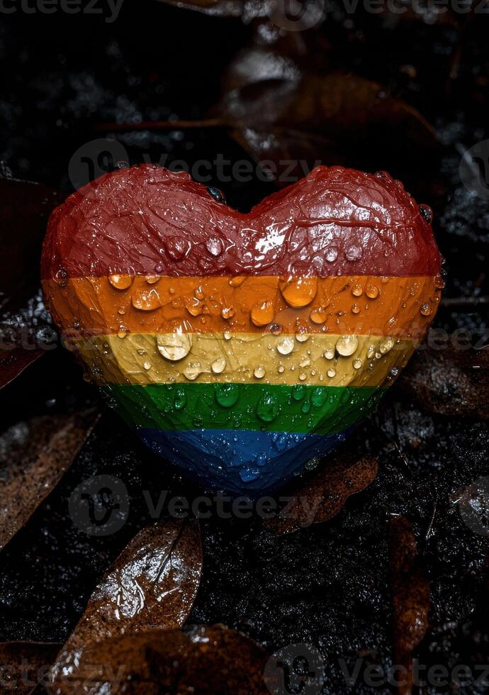 Rainbow heart with water drops on leaves photo